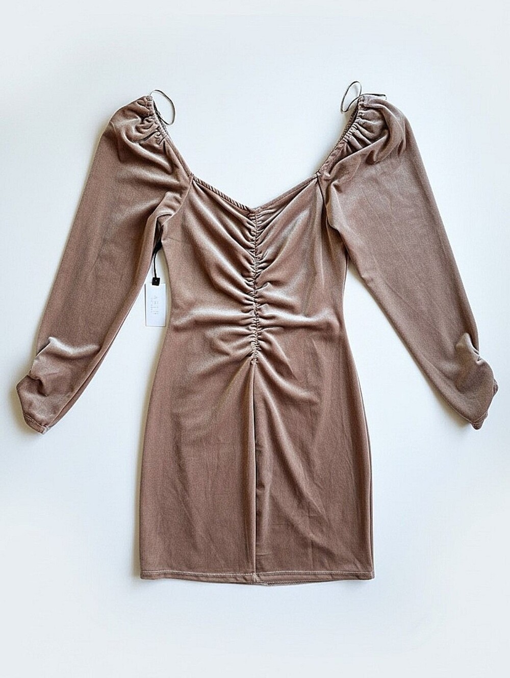 NWT! ASTR Ruched Taupe Long-Sleeve Mini Dress